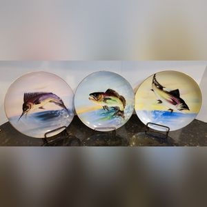 Vintage Hinode Sportfishing Handpainted Plates, Swordfish, Trout & Bass 1950s